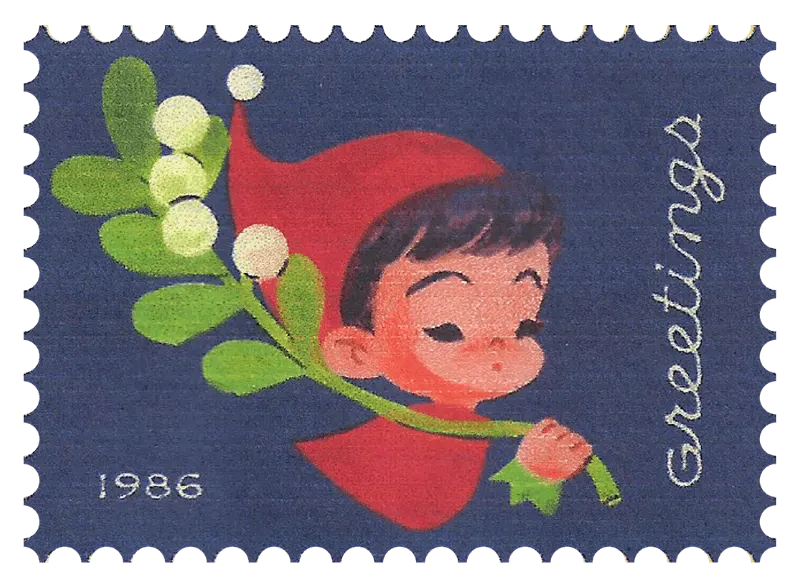 Eine Weihnachtsbriefmarke mit einem Kind auf dunkelblauem Hintergrund