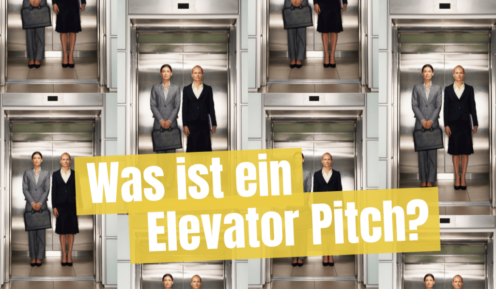 Ein Symbolbild mit einem Paternoster in dem zwei Frauen stehen als Illustration für den Elevator Pitch