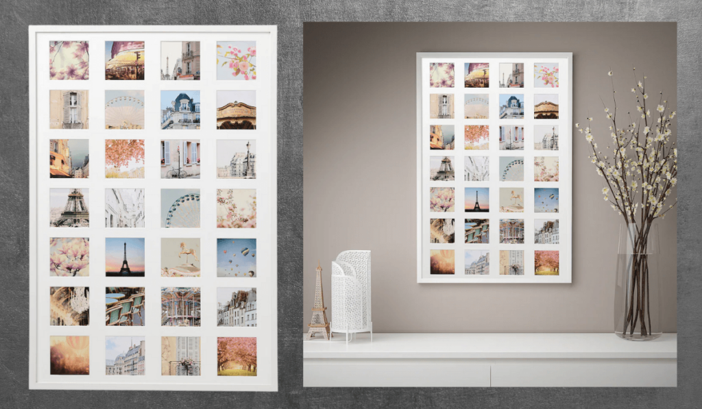 Idee für dein Vision Board: Ein großer weißer Rahmen, in dem man 28 kleine Bilder zeigen kann