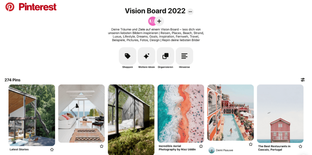 Eine Ansicht unseres Pinterest Boards "Vision Board 2022"