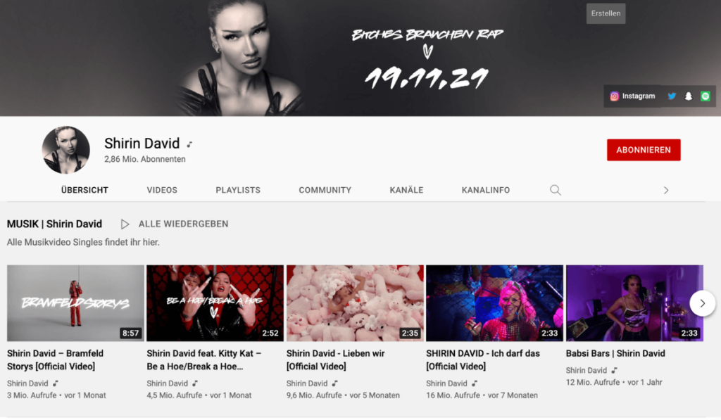 Eine Übersicht des Youtube-Profils von Shirin David