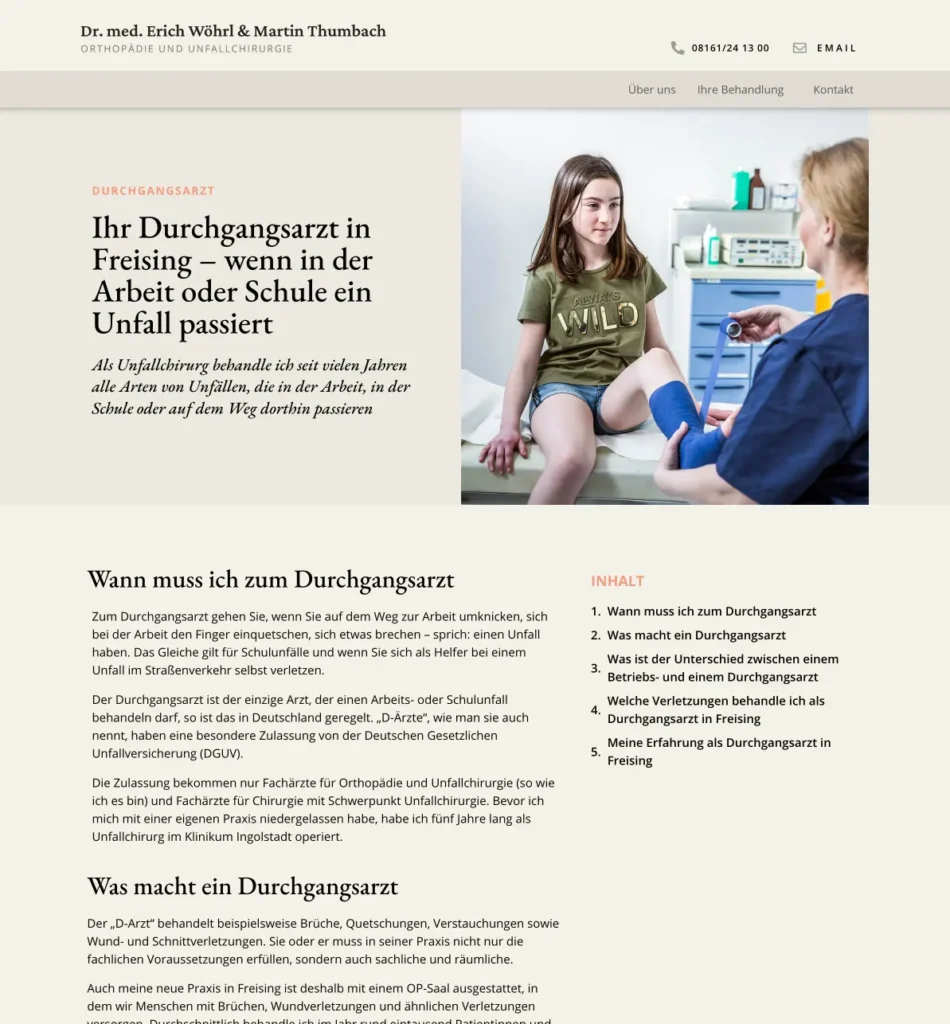 Ein Screenshot der Website der Orthopädie Freising