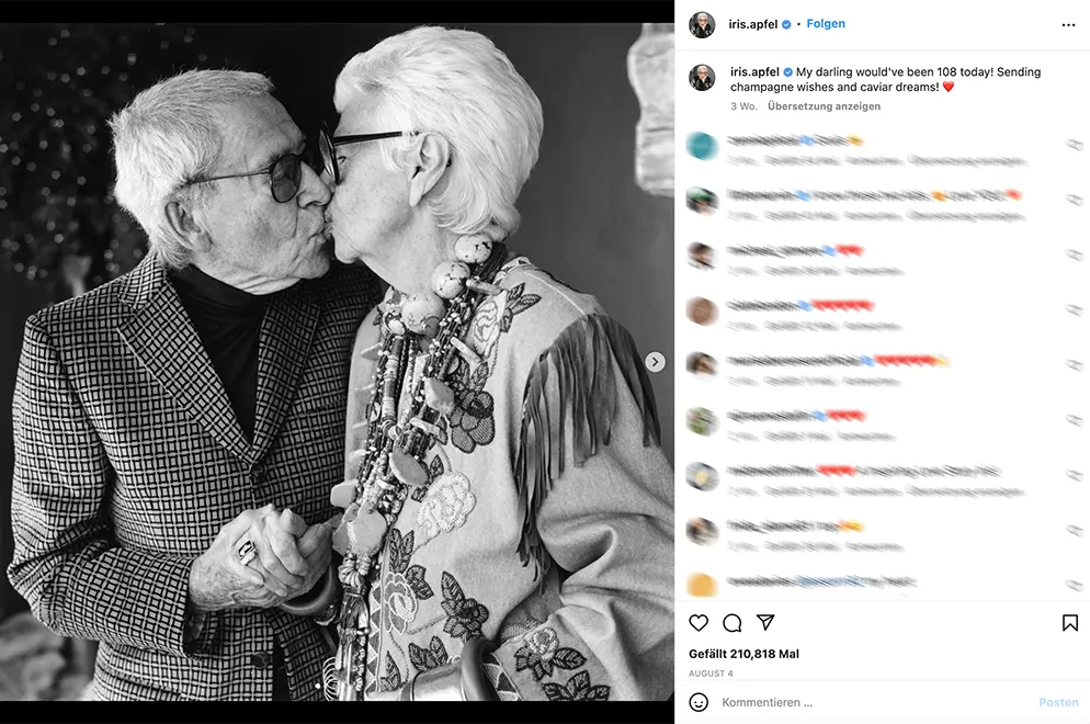 Ein Instagram-Post von Iris Apfel, die ihrem verstorbenen Mann Carl zum Geburtstag gratuliert