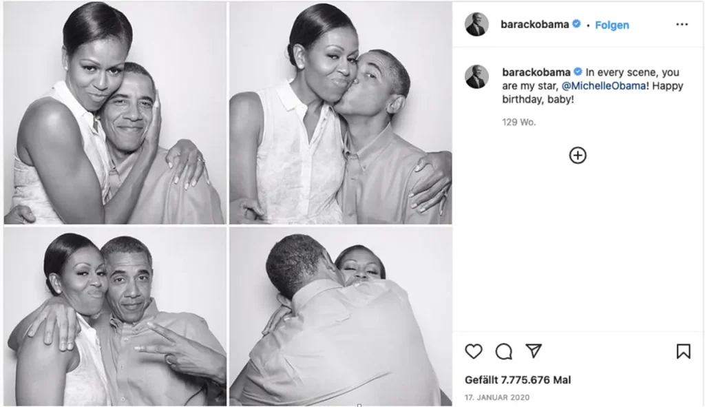 Ein Screenshot von dem Instagramkanal von Barack Obama mit Glückwünsche Geburtstag für seine Frau