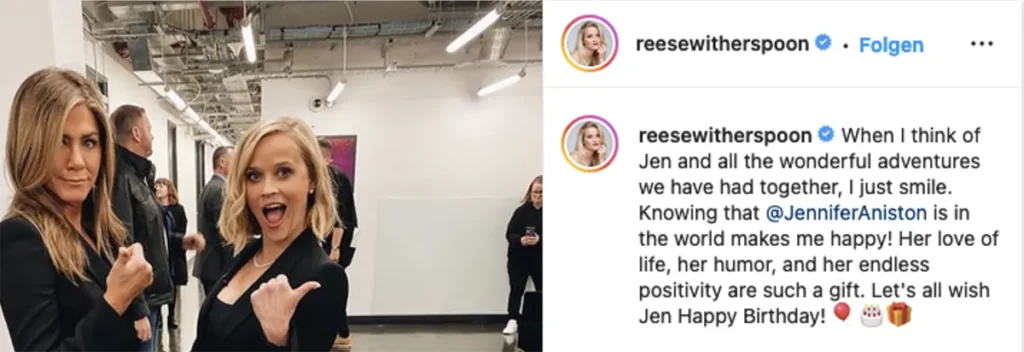 Ein Instagram-Post von Reese Witherspoon mit Geburtstagswünschen für Jennifer Aniston